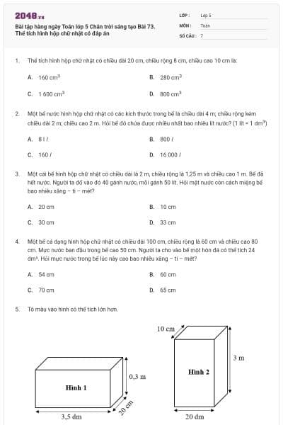 Bài tập hàng ngày Toán lớp 5 Chân trời sáng tạo Bài 73. Thể tích hình hộp chữ nhật có đáp án