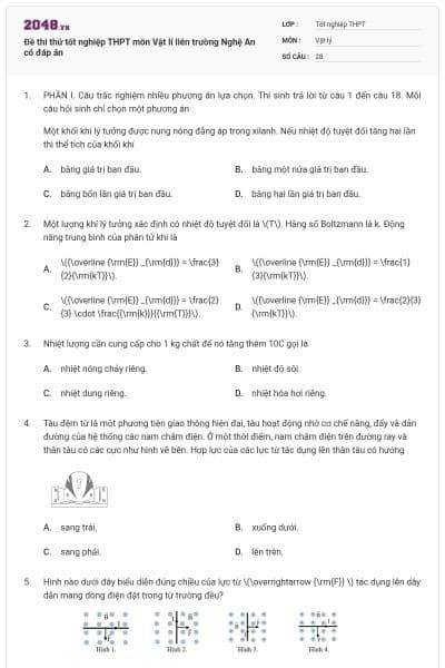 Đề thi thử tốt nghiệp THPT môn Vật lí liên trường Nghệ An có đáp án
