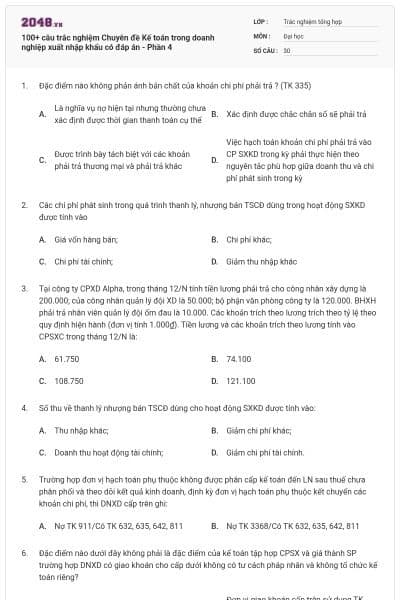 100+ câu trắc nghiệm Chuyên đề Kế toán trong doanh nghiệp xuất nhập khẩu có đáp án - Phần 4