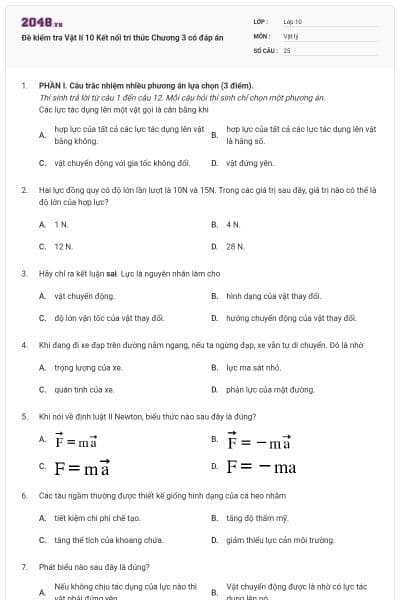 Đề kiểm tra Vật lí 10 Kết nối tri thức Chương 3 có đáp án