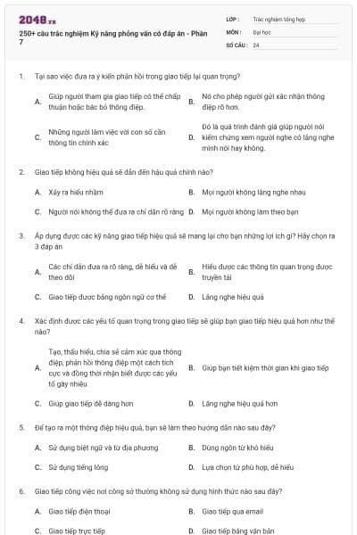 250+ câu trắc nghiệm Kỹ năng phỏng vấn có đáp án - Phần 7