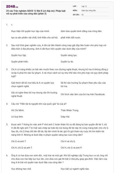 25 câu Trắc nghiệm GDCD 12 Bài 8 (có đáp án): Pháp luật với sự phát triển của công dân (phần 3)