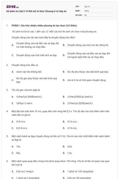 Đề kiểm tra Vật lí 10 Kết nối tri thức Chương 6 có đáp án