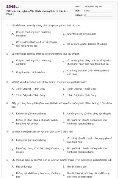 220+ câu trắc nghiệm Vận tải đa phương thức có đáp án - Phần 1