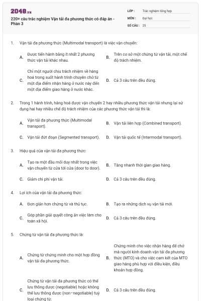 220+ câu trắc nghiệm Vận tải đa phương thức có đáp án - Phần 3