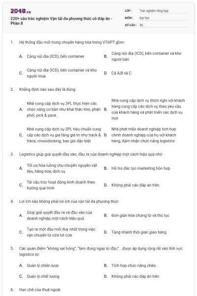220+ câu trắc nghiệm Vận tải đa phương thức có đáp án - Phần 8