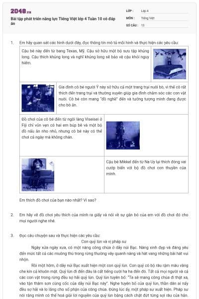 Bài tập phát triển năng lực Tiếng Việt lớp 4 Tuần 10 có đáp án