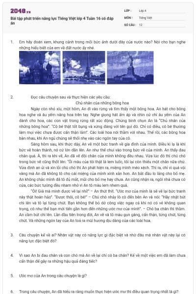 Bài tập phát triển năng lực Tiếng Việt lớp 4 Tuần 16 có đáp án