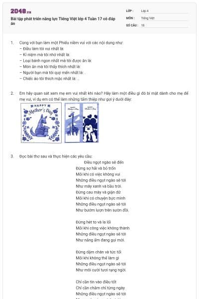 Bài tập phát triển năng lực Tiếng Việt lớp 4 Tuần 17 có đáp án