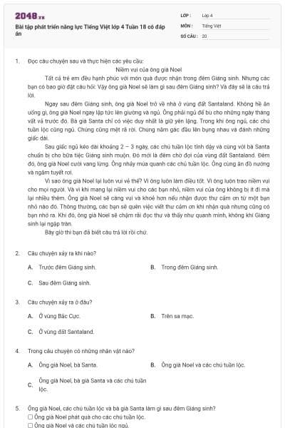 Bài tập phát triển năng lực Tiếng Việt lớp 4 Tuần 18 có đáp án