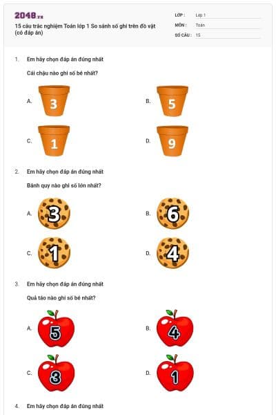 15 câu trắc nghiệm Toán lớp 1 So sánh số ghi trên đồ vật (có đáp án)