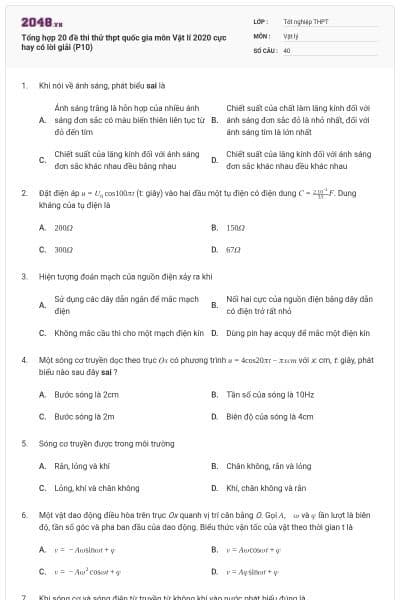 Tổng hợp 20 đề thi thử thpt quốc gia môn Vật lí 2020 cực hay có lời giải (P10)