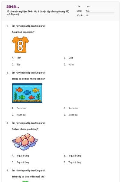 15 câu trắc nghiệm Toán lớp 1 Luyện tập chung (trang 38) (có đáp án)