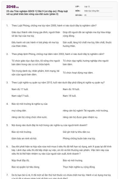 25 câu Trắc nghiệm GDCD 12 Bài 9 (có đáp án): Pháp luật với sự phát triển bền vững của đất nước (phần 3)