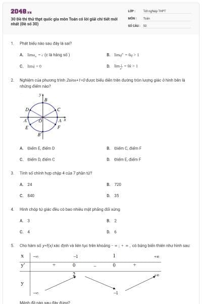 30 Đề thi thử thpt quốc gia môn Toán có lời giải chi tiết mới nhất (Đề số 30)