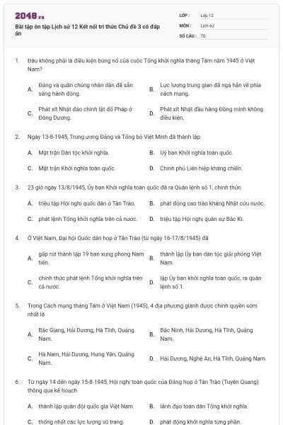 Bài tập ôn tập Lịch sử 12 Kết nối tri thức Chủ đề 3 có đáp án