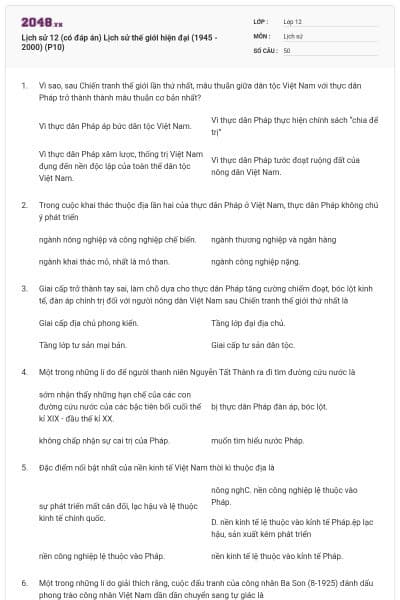 Lịch sử 12 (có đáp án) Lịch sử thế giới hiện đại (1945 - 2000) (P10)