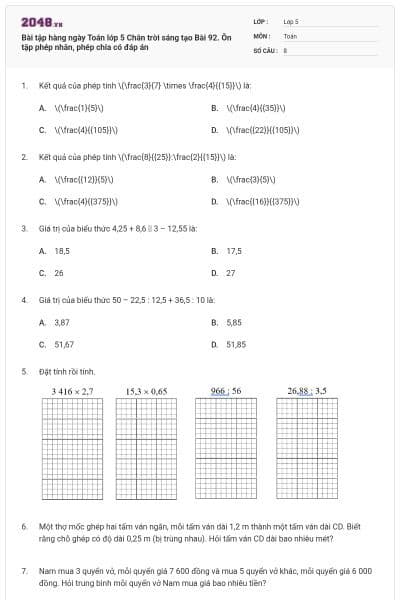 Bài tập hàng ngày Toán lớp 5 Chân trời sáng tạo Bài 92. Ôn tập phép nhân, phép chia có đáp án