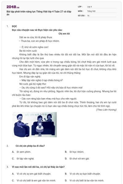 Bài tập phát triển năng lực Tiếng Việt lớp 4 Tuần 27 có đáp án