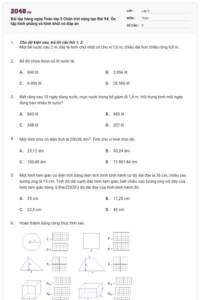 Bài tập hàng ngày Toán lớp 5 Chân trời sáng tạo Bài 94. Ôn tập hình phẳng và hình khối có đáp án