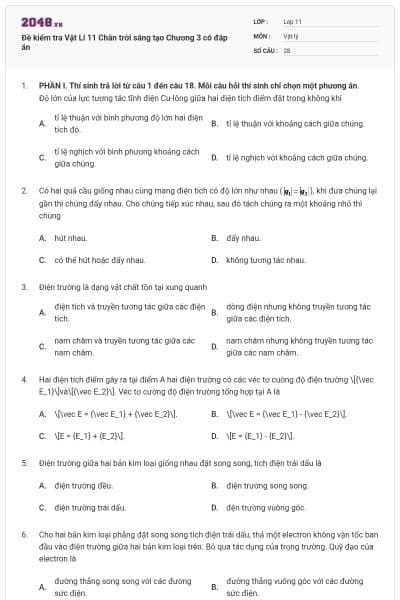 Đề kiểm tra Vật Lí 11 Chân trời sáng tạo Chương 3 có đáp án