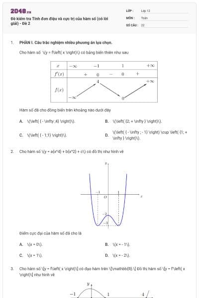 Đề kiểm tra Tính đơn điệu và cực trị của hàm số (có lời giải) - Đề 2