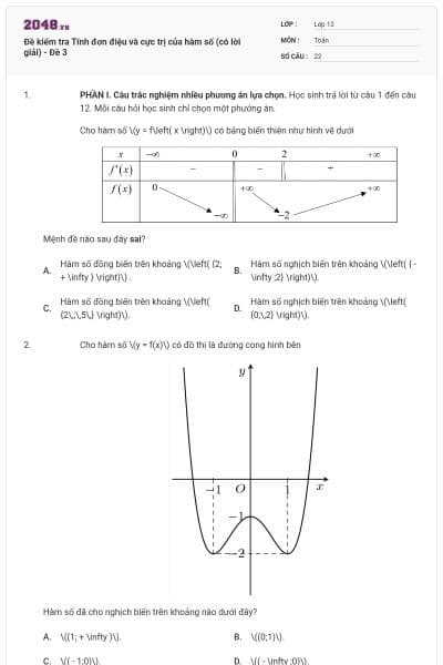 Đề kiểm tra Tính đơn điệu và cực trị của hàm số (có lời giải) - Đề 3