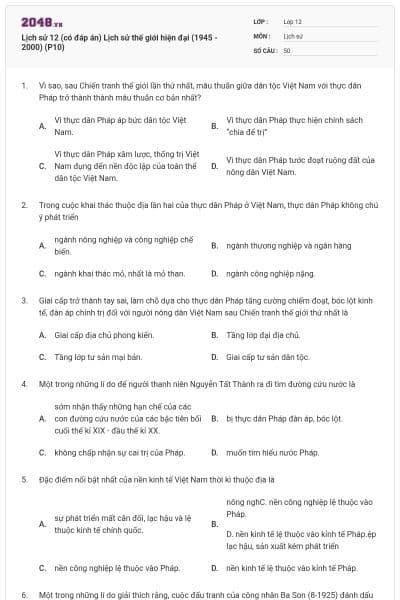 Lịch sử 12 (có đáp án) Lịch sử thế giới hiện đại (1945 - 2000) (P10)