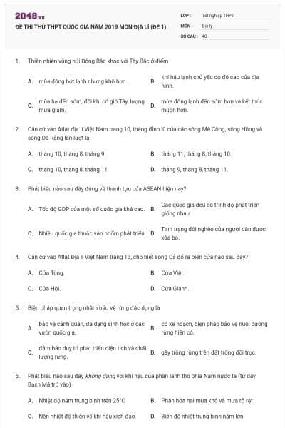 ĐỀ THI THỬ THPT QUỐC GIA NĂM 2019 MÔN ĐỊA LÍ (ĐỀ 1)