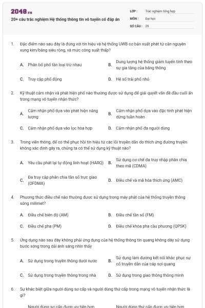 20+ câu trắc nghiệm Hệ thống thông tin vô tuyến có đáp án