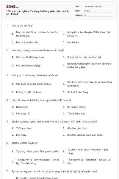 100+ câu trắc nghiệm Tích hợp hệ thống phần mềm có đáp án - Phần 2