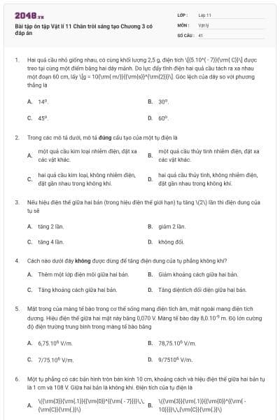 Bài tập ôn tập Vật lí 11 Chân trời sáng tạo Chương 3 có đáp án