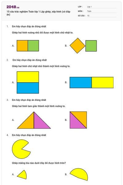 15 câu trắc nghiệm Toán lớp 1 Lắp ghép, xếp hình (có đáp án)