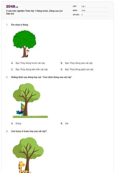 5 câu trắc nghiệm Toán lớp 1 Đằng trước, đằng sau (có đáp án)