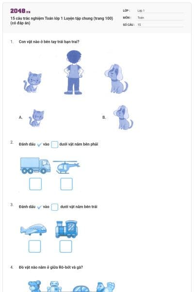 15 câu trắc nghiệm Toán lớp 1 Luyện tập chung (trang 100) (có đáp án)