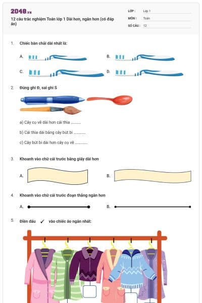 12 câu trắc nghiệm Toán lớp 1 Dài hơn, ngắn hơn (có đáp án)