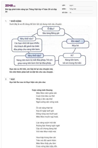 Bài tập phát triển năng lực Tiếng Việt lớp 4 Tuần 30 có đáp án