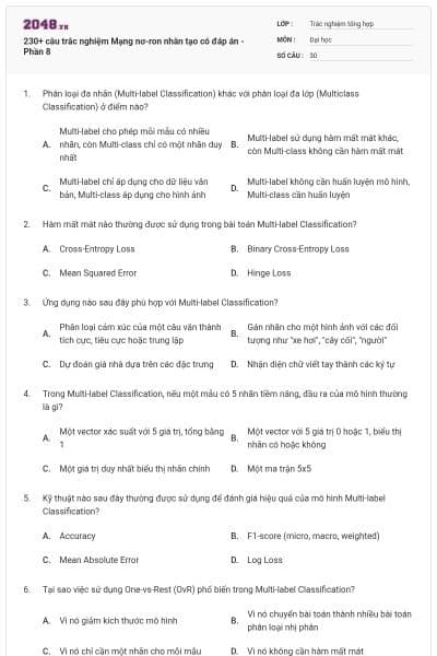 230+ câu trắc nghiệm Mạng nơ-ron nhân tạo có đáp án - Phần 8