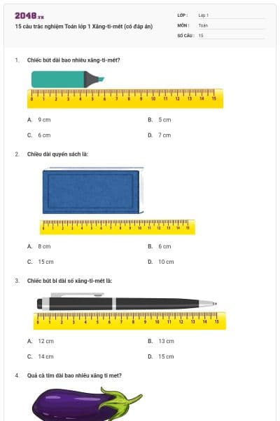15 câu trắc nghiệm Toán lớp 1 Xăng-ti-mét (có đáp án)