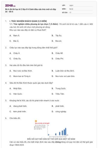 Bộ 6 đề thi học kì 2 Địa lí 6 Cánh diều cấu trúc mới có đáp án - Đề 6