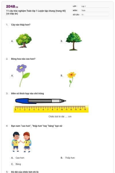 11 câu trắc nghiệm Toán lớp 1 Luyện tập chung (trang 40) (có đáp án)