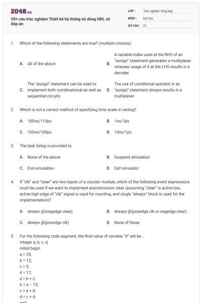 20+ câu trắc nghiệm Thiết kế hệ thống số dùng HDL có đáp án