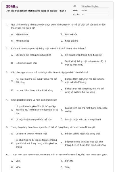 70+ câu trắc nghiệm Mật mã ứng dụng có đáp án - Phần 1