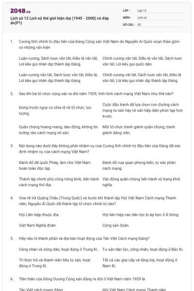 Lịch sử 12 Lịch sử thế giới hiện đại (1945 - 2000) có đáp án(P1)