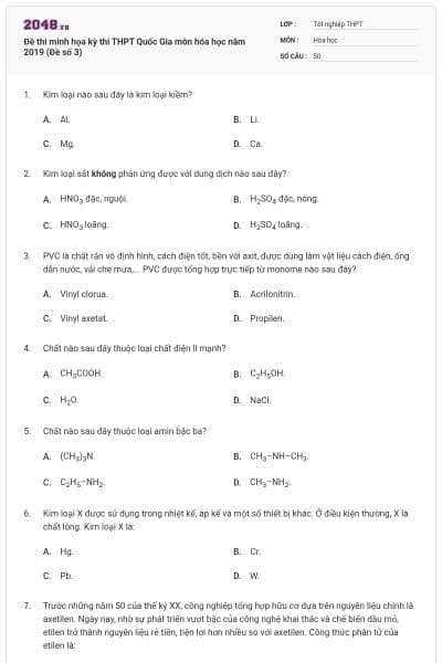 Đề thi minh họa kỳ thi THPT Quốc Gia môn hóa học năm 2019 (Đề số 3)