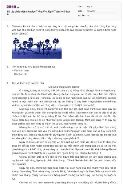 Bài tập phát triển năng lực Tiếng Việt lớp 5 Tuần 3 có đáp án