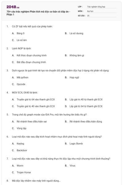 70+ câu trắc nghiệm Phân tích mã độc cơ bản có đáp án - Phần 1