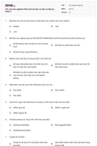 70+ câu trắc nghiệm Phân tích mã độc cơ bản có đáp án - Phần 2