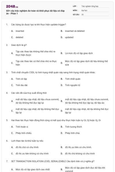 60+ câu trắc nghiệm An toàn và khôi phục dữ liệu có đáp án - Phần 1
