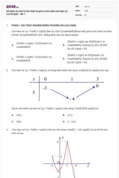 Đề kiểm tra Giá trị lớn nhất và giá trị nhỏ nhất của hàm số (có lời giải) - Đề 1